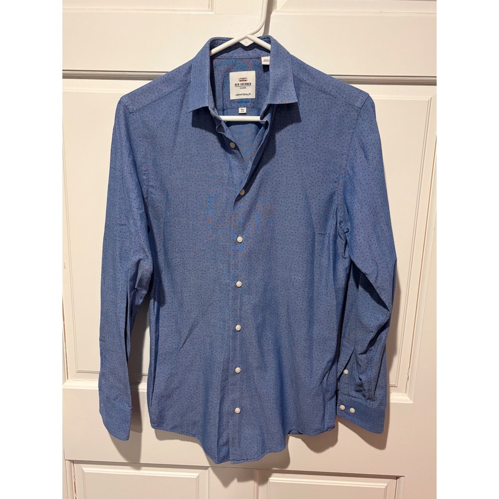 Ben Sherman Tailored Men Blue Red Micro Dot Skinny Fit Button Down Shirt 14.5 32